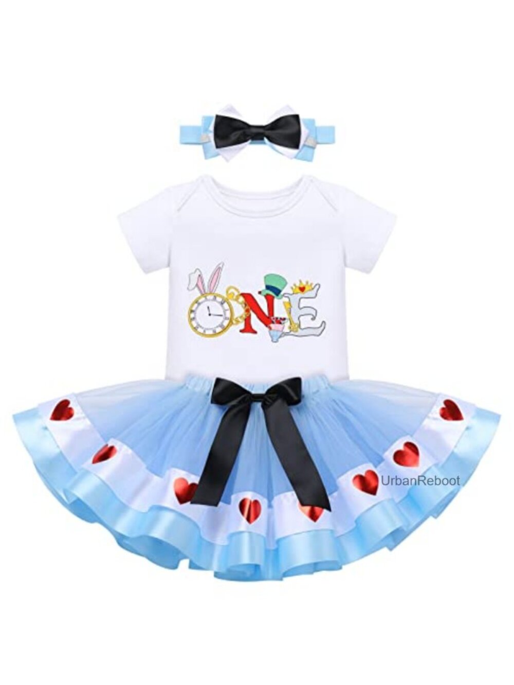 Baby Girl 1st Birthday Romper Tutu Dress 3pc Set with Headband Outfit